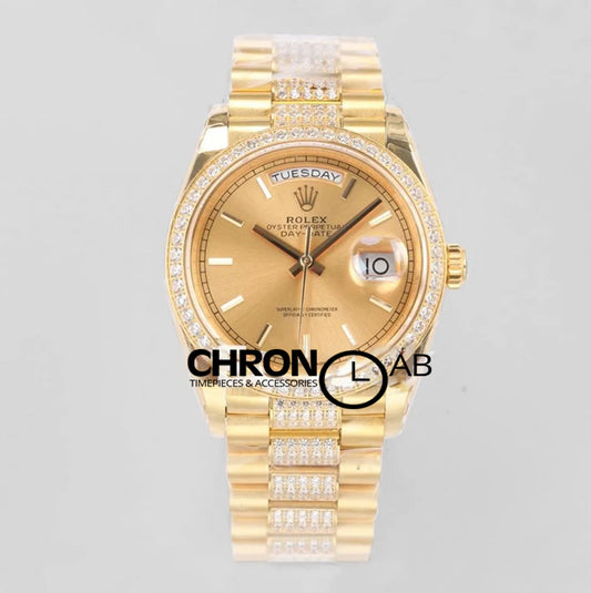 Day-Date 36 128348RBR Champagne Dial with Diamond Bezel in Yellow Gold