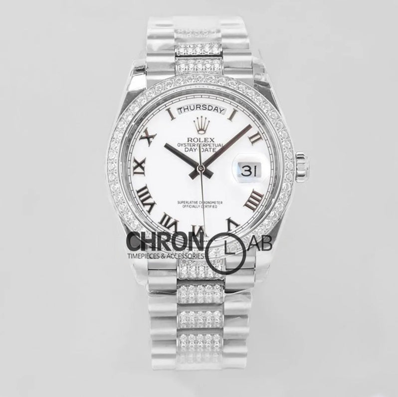 Day-Date 36 128349RBR White Dial with Diamond Bezel in White Gold