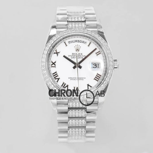 Day-Date 36 128349RBR White Dial with Diamond Bezel in White Gold