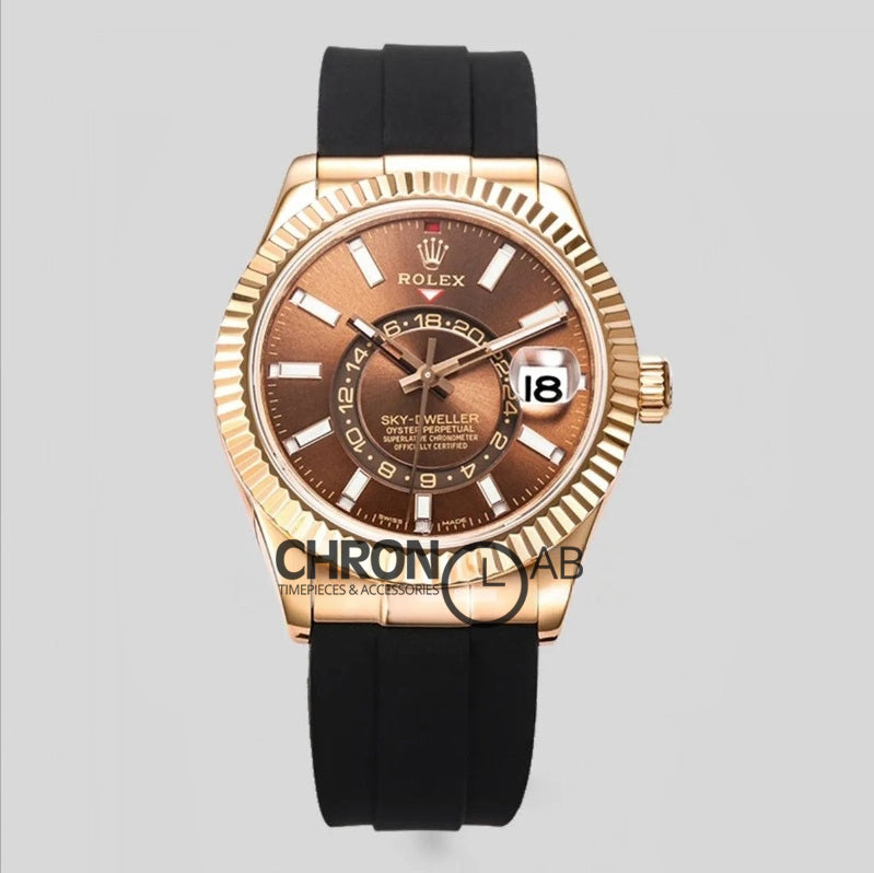 Sky Dweller Rose Gold in Brown Dial on Black Rubber Strap