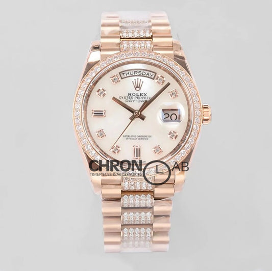 Day-Date 36 128345RBR MOP Dial with Diamond Bezel in Everose Gold
