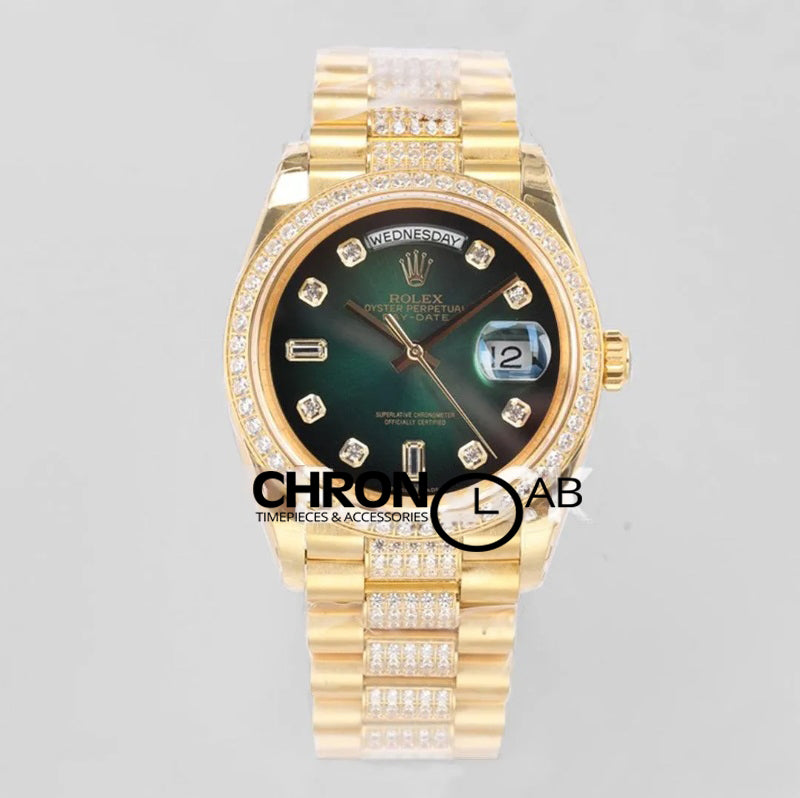Day-Date 36 128348RBR Green Dial with Diamond Bezel in Yellow Gold
