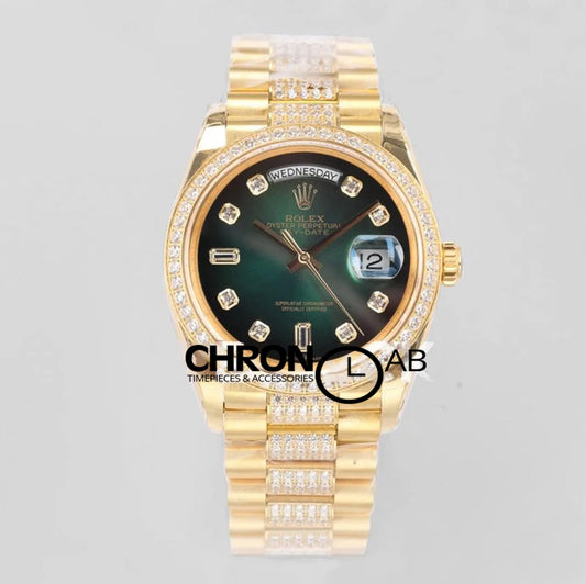 Day-Date 36 128348RBR Green Dial with Diamond Bezel in Yellow Gold