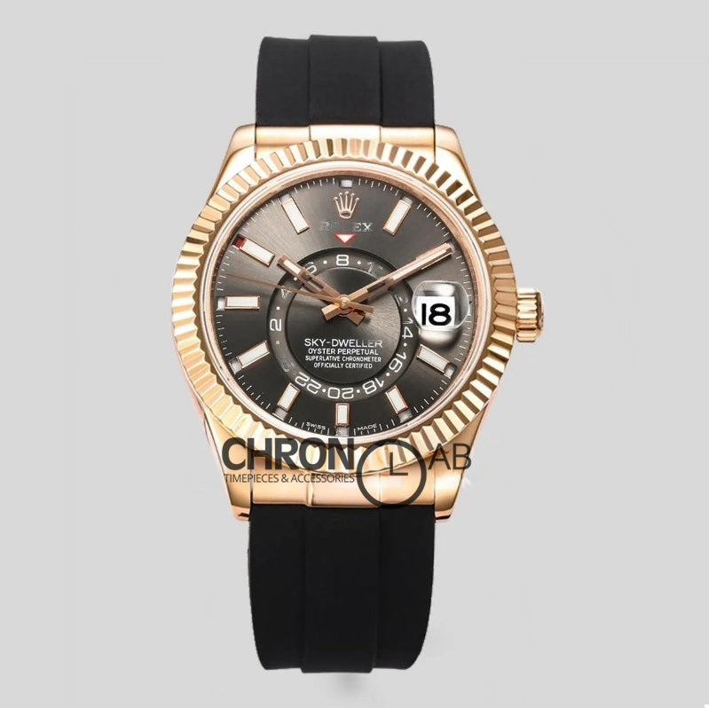 Sky Dweller Rose Gold in Gray Dial on Black Rubber Strap