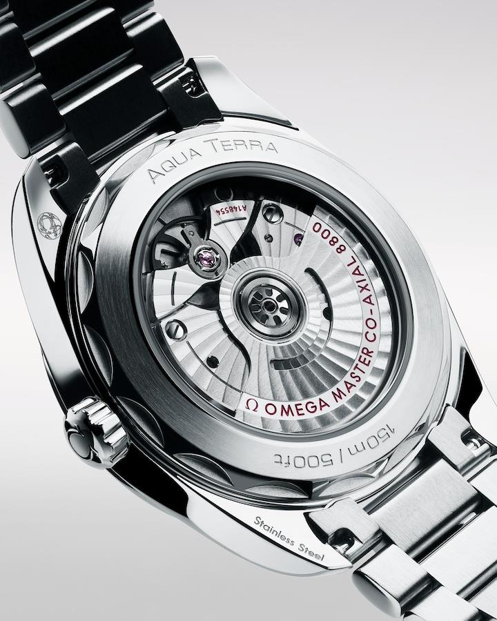 Detailed view of Omega Aqua Terra 150M Silver Dial and Stainless Steel Case - Chronolab Greece