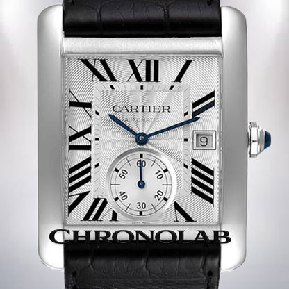 Cartier Tank MC replica ανδρικό ρολόι με ασημί καντράν και δερμάτινο λουράκι