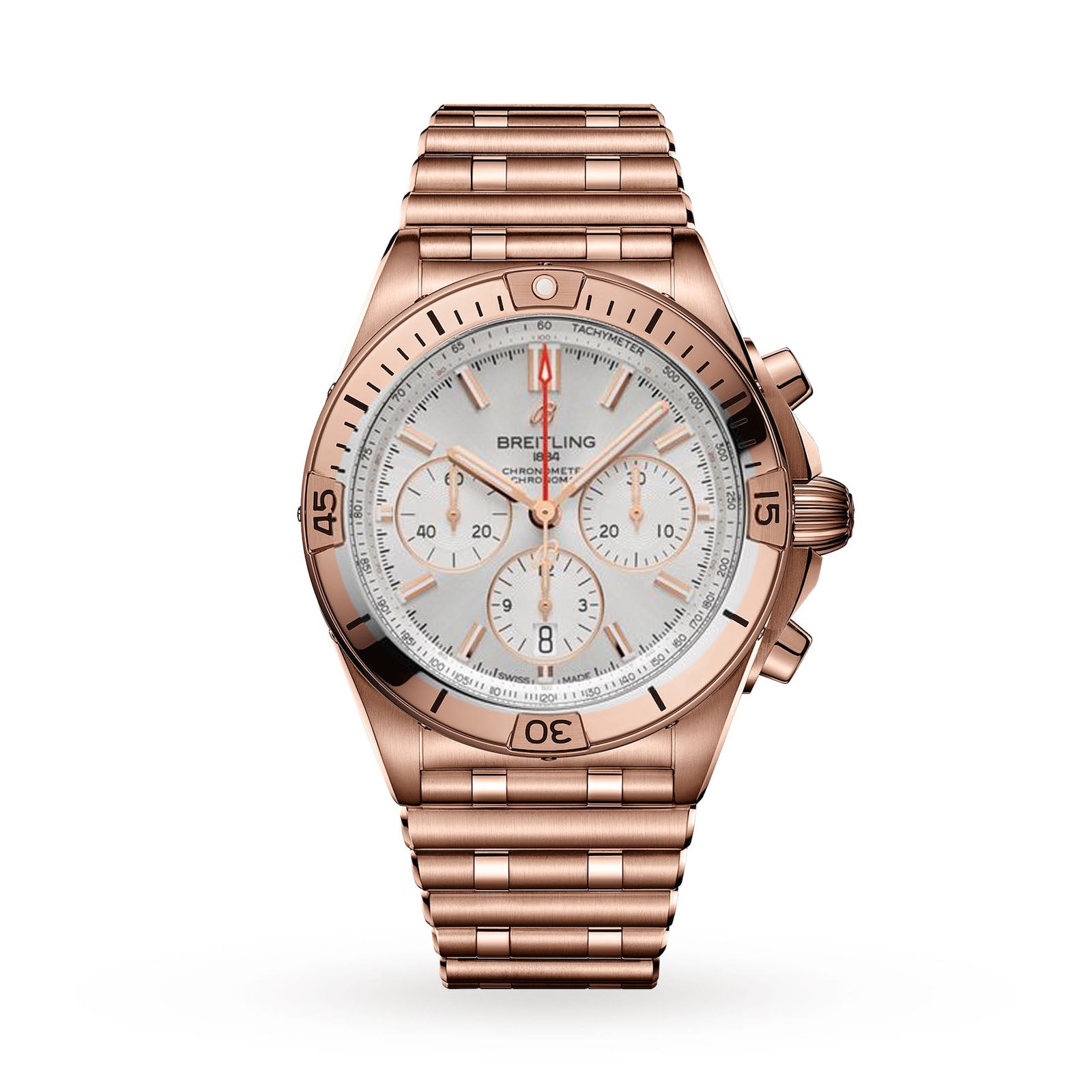 Chronomat B01 42mm 18k red gold watch RB0134101B1R2 with white dial and chronograph subdials