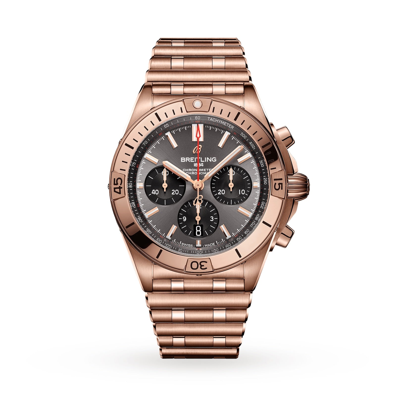 Breitling Chronomat B01 42mm 18k rose gold watch with gray dial, model RB0134101B1R1