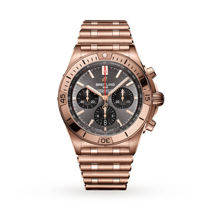 Breitling Chronomat B01 42mm 18k rose gold watch with gray dial, model RB0134101B1R1
