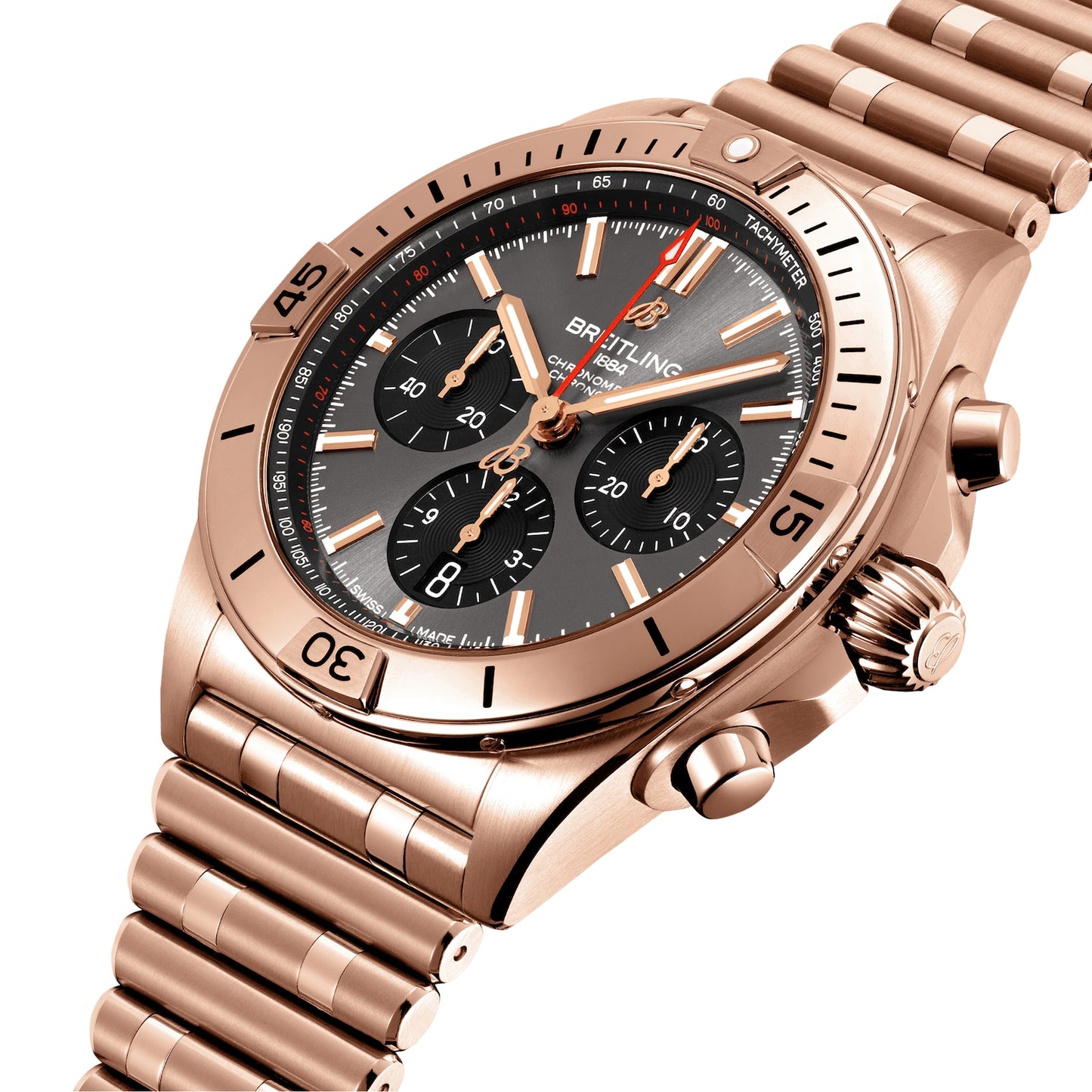 Chronomat B01 42mm men’s automatic chronograph in 18k rose gold with gray dial and leather strap