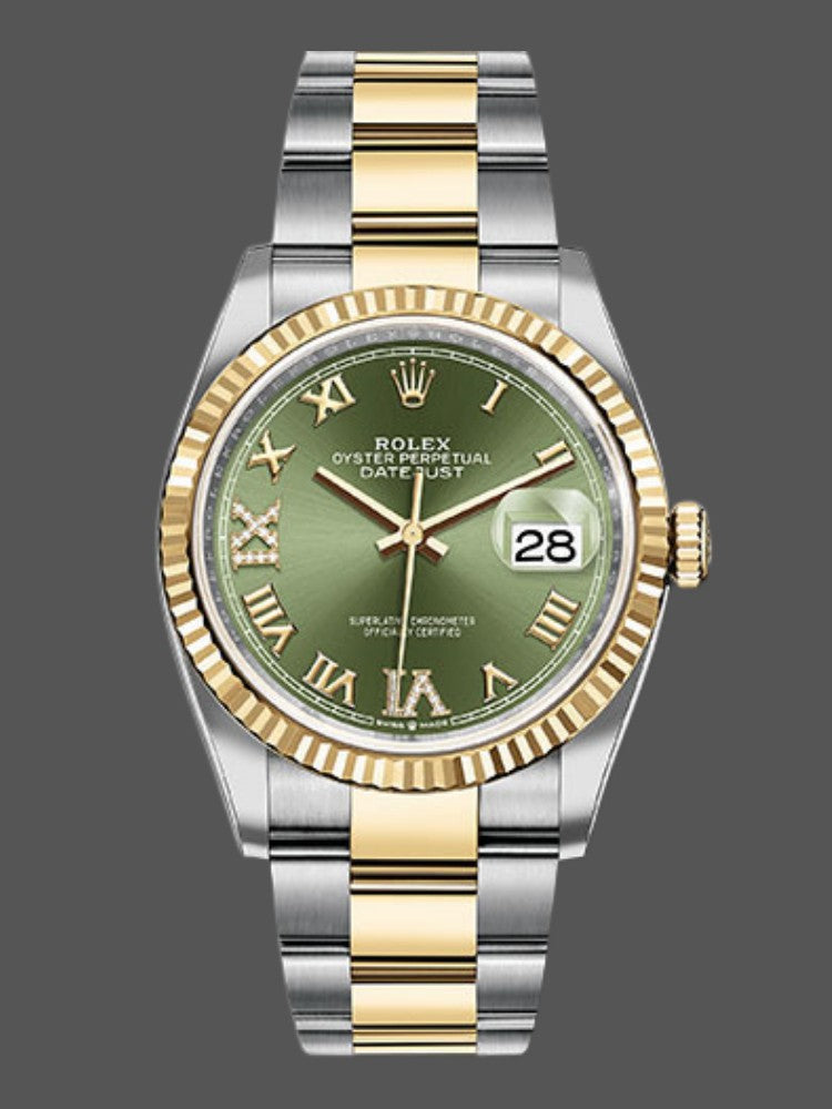 Rolex Datejust 36mm 126233 Yellow Rolesor watch with Olive Green sunray dial and 18k yellow gold fluted bezel.