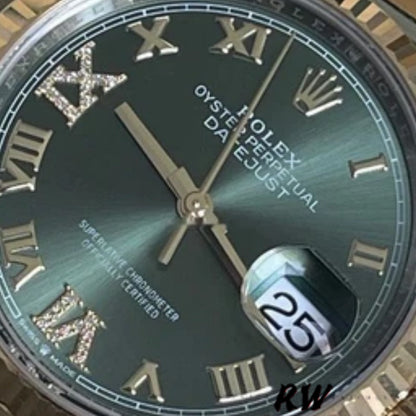 Close-up of the 18k yellow gold fluted bezel and screw-down crown on the two-tone Rolex Datejust 36 Ref. 126233.