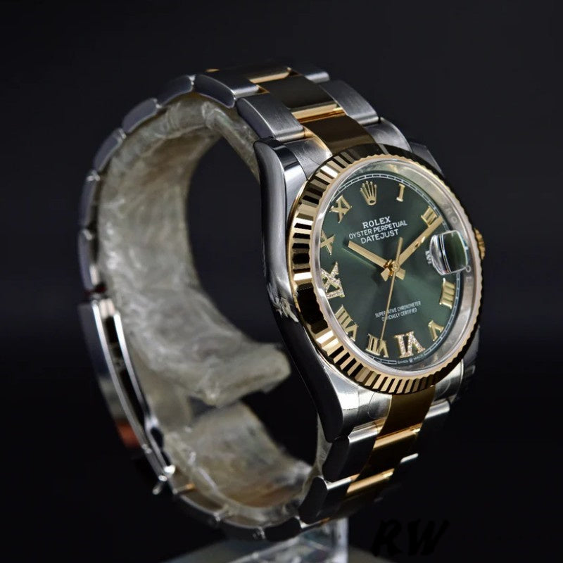 On-wrist lifestyle shot of the Rolex Datejust 126233 Olive Green, showing the 36mm unisex fit and luxury aesthetic.