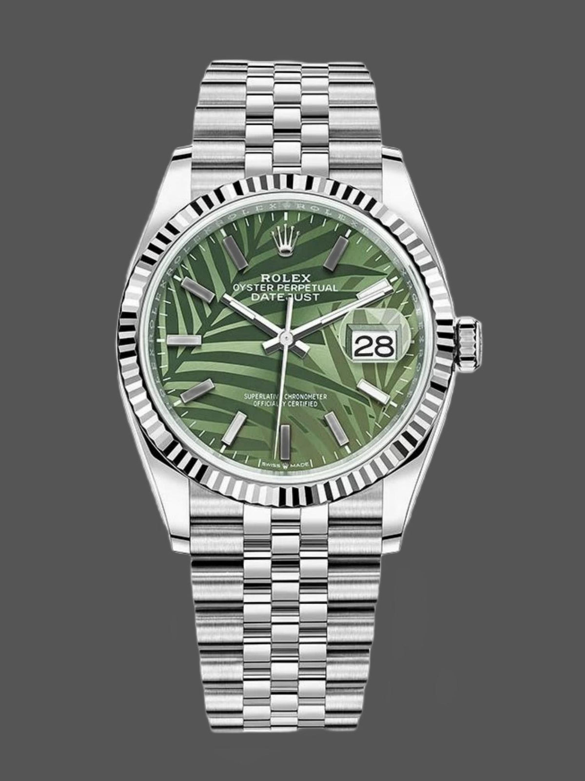 Rolex Datejust 36mm 126234 stainless steel watch with Olive Green Palm Motif dial and 18k white gold fluted bezel