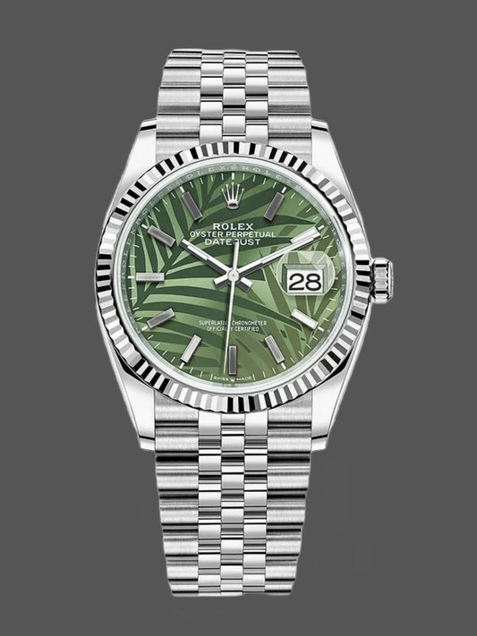 Rolex Datejust 36mm 126234 stainless steel watch with Olive Green Palm Motif dial and 18k white gold fluted bezel