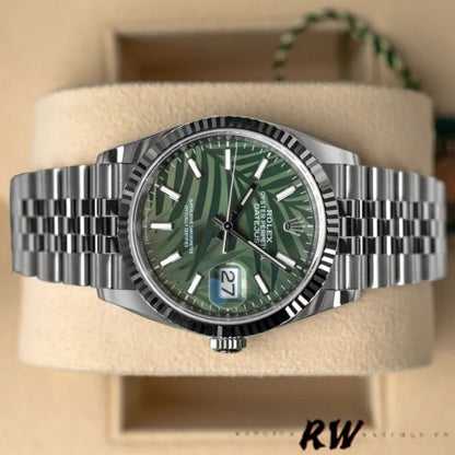 18k white gold fluted bezel on a Rolex Datejust 36 Ref. 126234, highlighting the classic light-reflecting luxury finish.