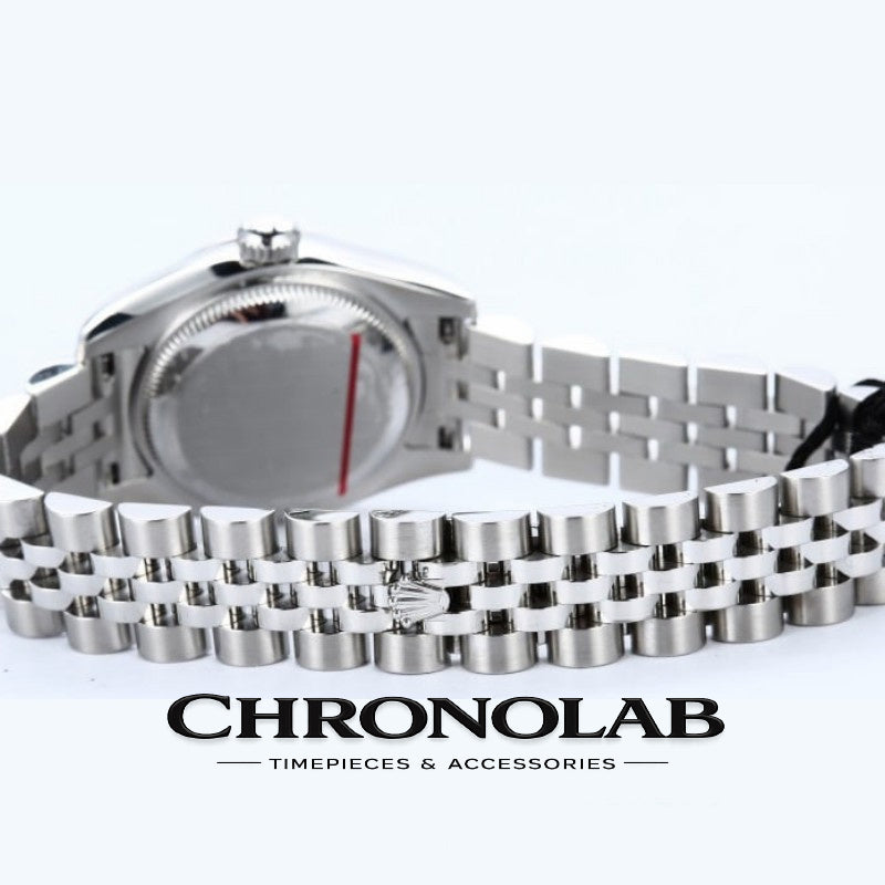 Rolex Datejust 179174 pink diamond dial full set including original Rolex box, green hangtag, and warranty papers at Chronolab.gr.