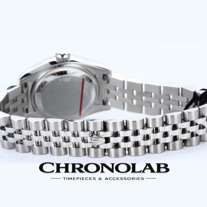 Rolex Datejust 179174 pink diamond dial full set including original Rolex box, green hangtag, and warranty papers at Chronolab.gr.