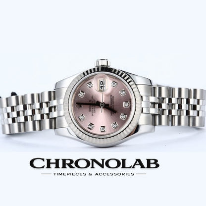 Side profile of the Rolex 179174 showing the 26mm Oyster case, sapphire crystal, and screw-down Twinlock winding crown.