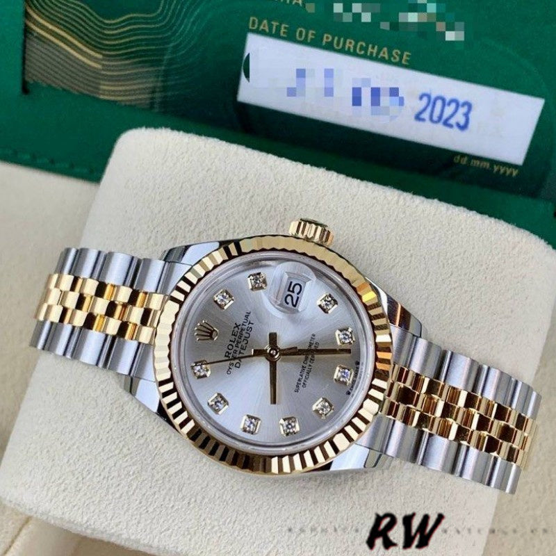 Rolex Lady-Datejust 279173 Silver Diamond dial on-wrist, showcasing the elegant 28mm proportions for women