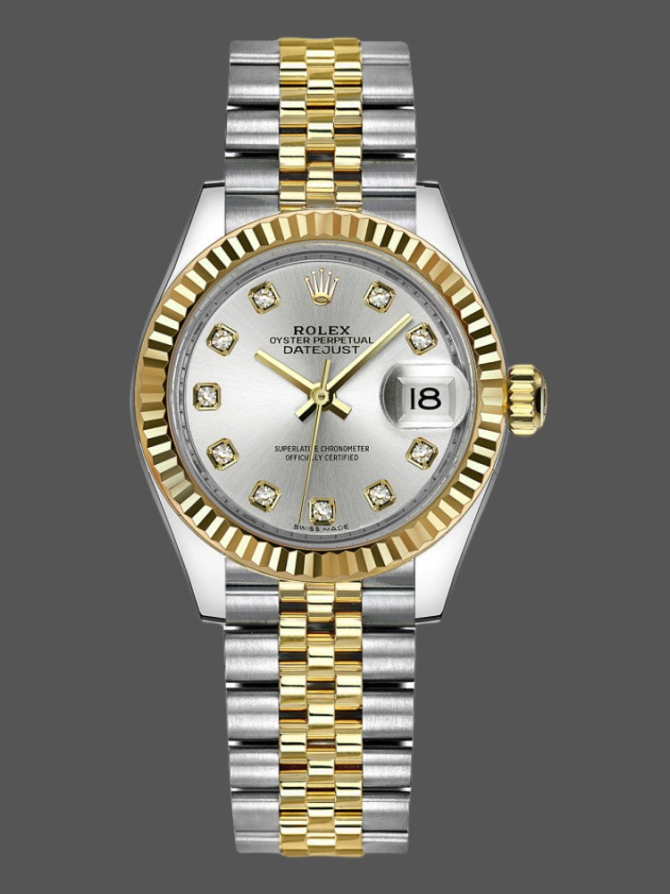 Rolex Lady-Datejust 28mm 279173 Yellow Rolesor watch with silver sunray dial and factory diamond hour markers.