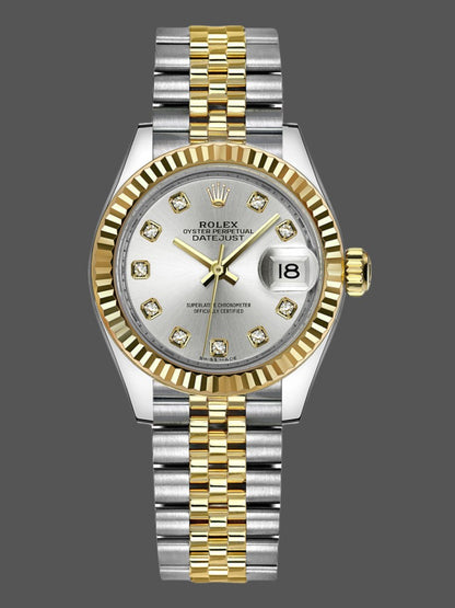 Rolex Lady-Datejust 28mm 279173 Yellow Rolesor watch with silver sunray dial and factory diamond hour markers.