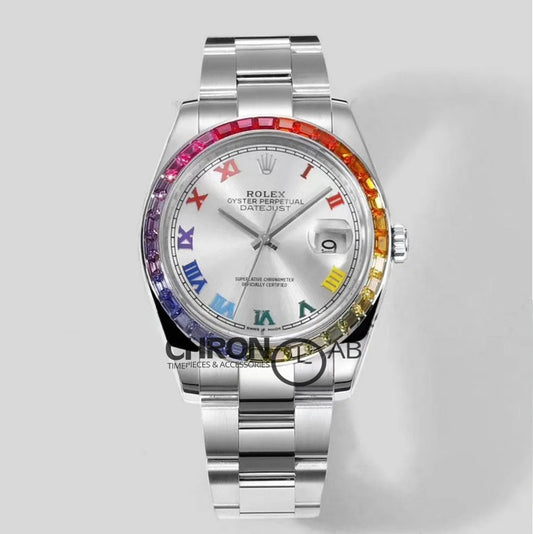 Datejust 41 Silver Dial Rainbow Bezel