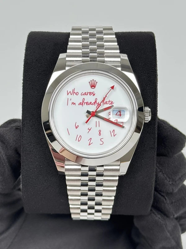 Detail view of five-link Jubilee bracelet on Custom Steel Datejust 41 "Who Cares" Watch.