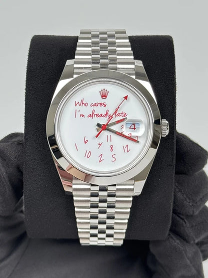 Detail view of five-link Jubilee bracelet on Custom Steel Datejust 41 "Who Cares" Watch.