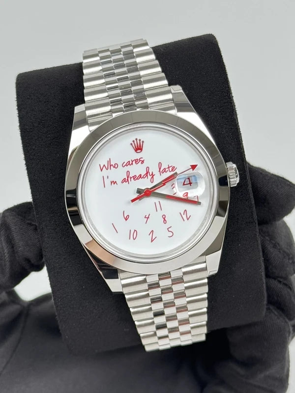41mm Stainless Steel Perpetual Datejust "Who Cares" Dial on high-polish Jubilee bracelet.