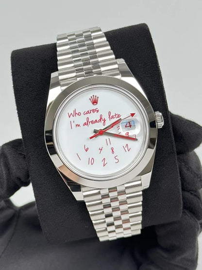 41mm Stainless Steel Perpetual Datejust "Who Cares" Dial on high-polish Jubilee bracelet.