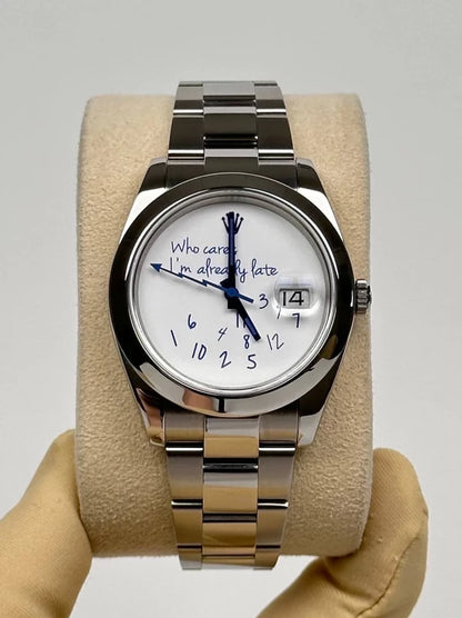 Close-up of Custom Datejust 41 Steel "Who Cares" dial on flat-link Oyster bracelet.