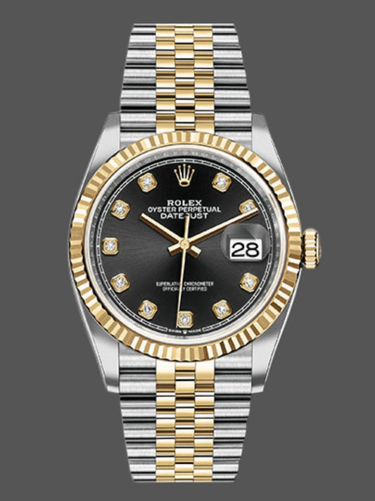 Rolex Datejust 36mm 126233 Yellow Rolesor watch with black sunray dial and factory-set diamond hour markers
