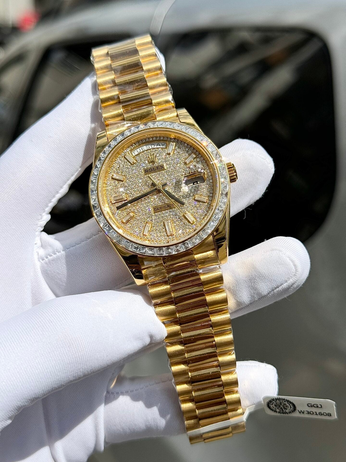 Rolex Day-Date Replica Watch Diamond Moissanite Baguette Gold Wrapped 40mm Clone