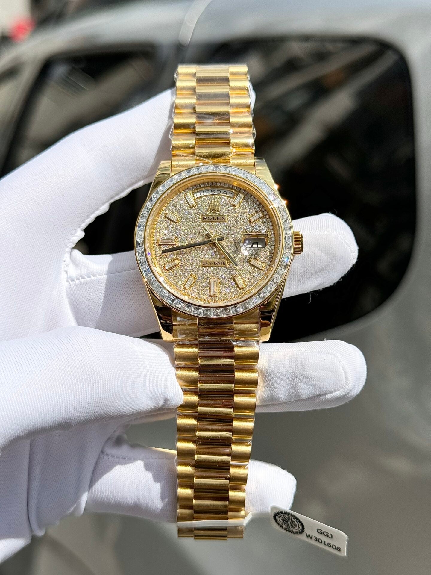Rolex Day-Date Replica Watch Diamond Moissanite Baguette Gold Wrapped 40mm Clone