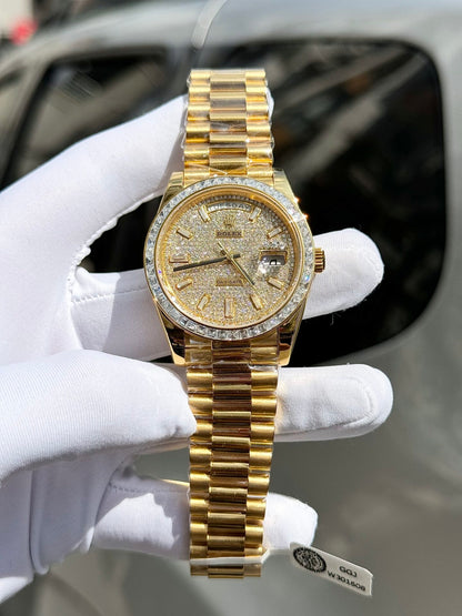 Rolex Day-Date Replica Watch Diamond Moissanite Baguette Gold Wrapped 40mm Clone
