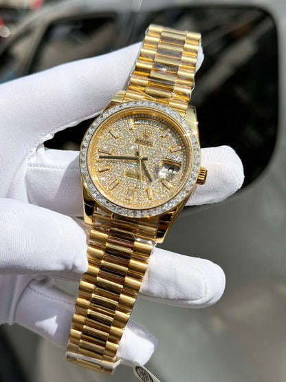 Rolex Day-Date Replica Watch Diamond Moissanite Baguette Gold Wrapped 40mm Clone