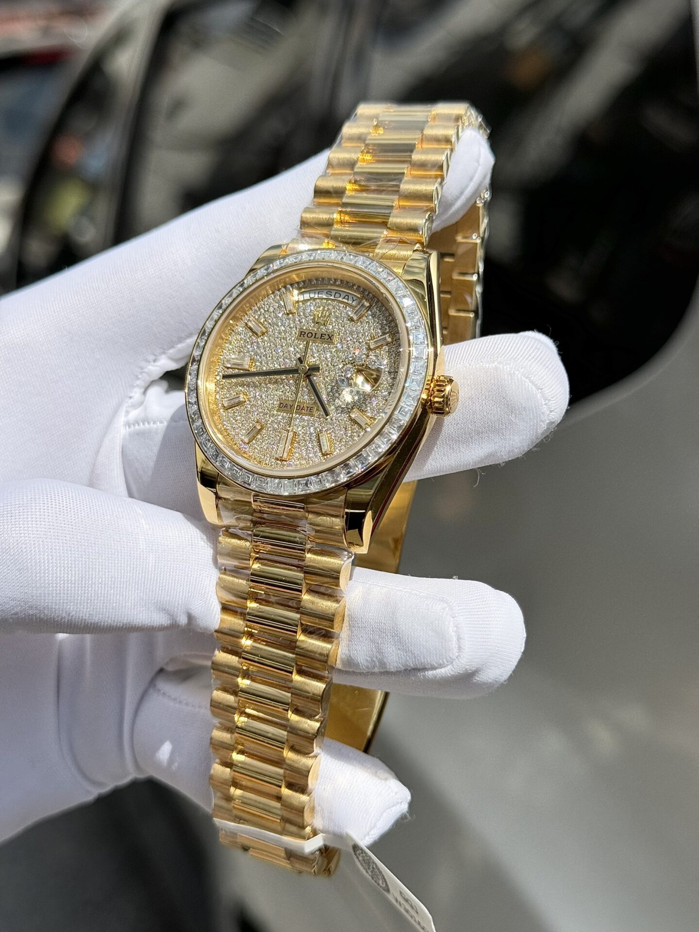 Rolex Day-Date Replica Watch Diamond Moissanite Baguette Gold Wrapped 40mm Clone