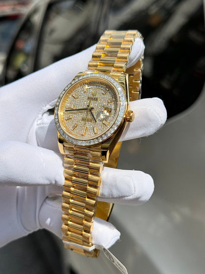 Rolex Day-Date Replica Watch Diamond Moissanite Baguette Gold Wrapped 40mm Clone