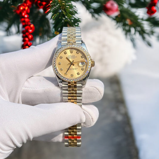 Rolex DateJust Replica Watch With Moissanite Diamonds Yellow Dial 31mm Clone