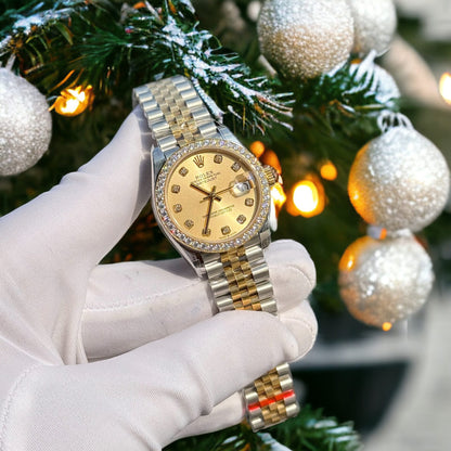 Rolex DateJust Replica Watch With Moissanite Diamonds Yellow Dial 31mm Clone
