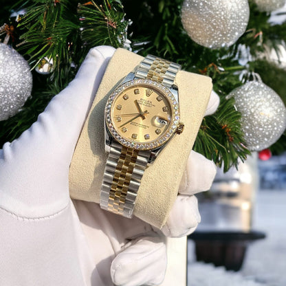 Rolex DateJust Replica Watch With Moissanite Diamonds Yellow Dial 31mm Clone