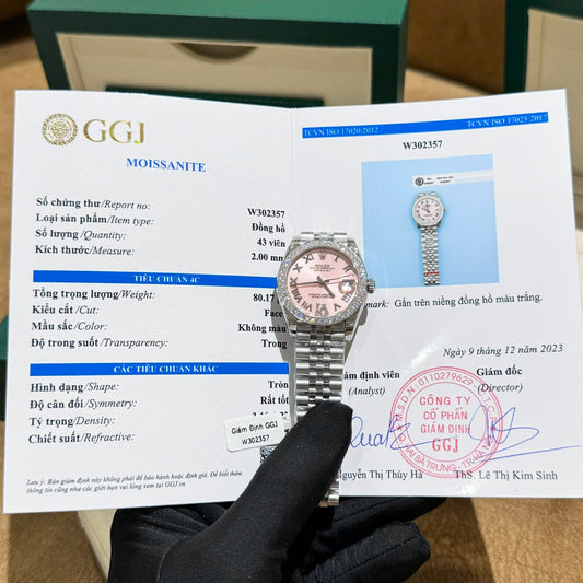 Rolex DateJust Replica Watch Moissanite Diamond Pink Dial 31mm Clone