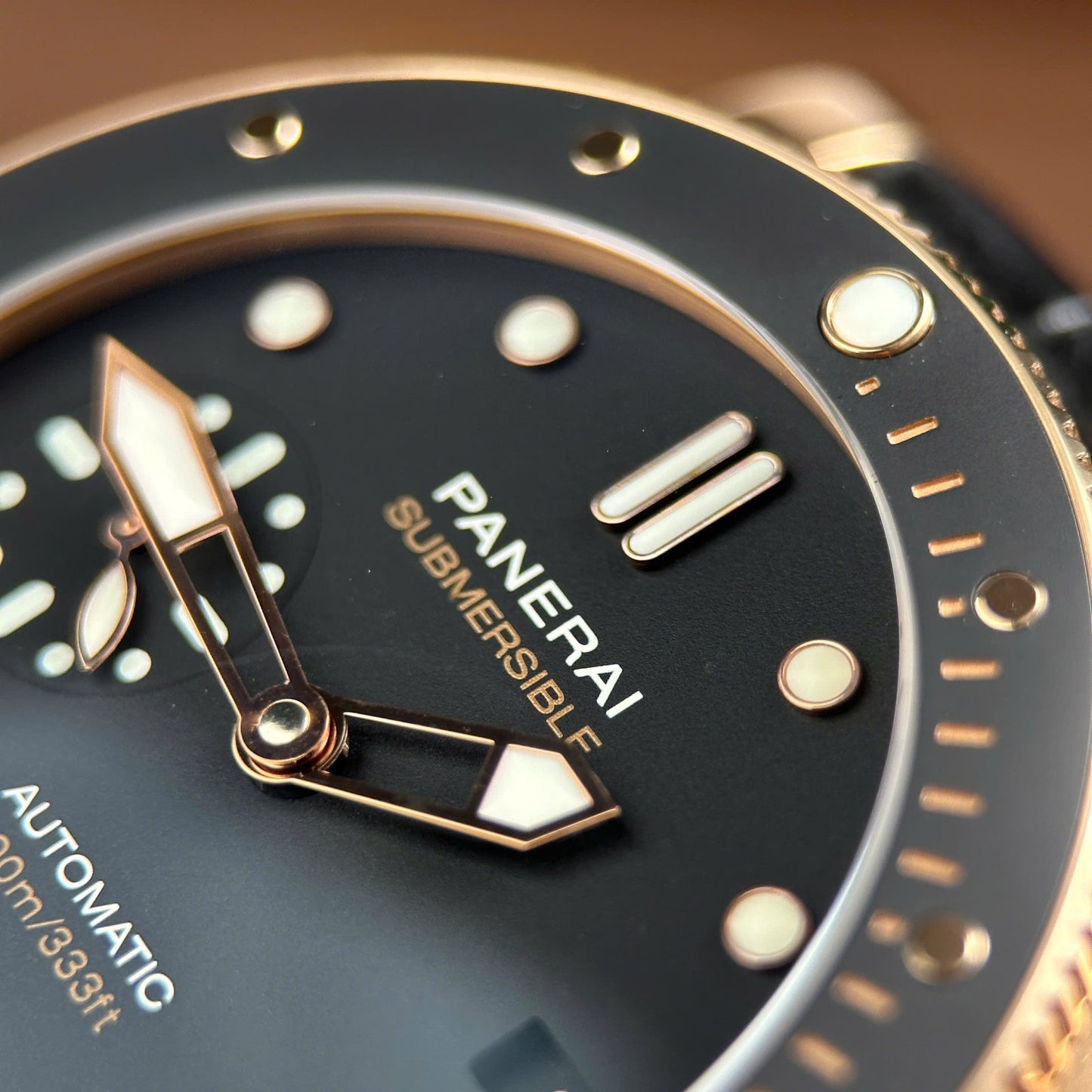 Panerai Submersible PAM974 Rose Gold Replica Watches Black Dial Leather Strap VS Factory 42mm