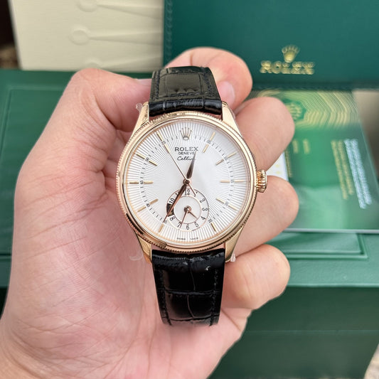 Rolex Cellini 50525 Replica White Dial Leather Strap 39mm Clone