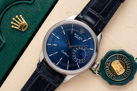 Rolex Replica Watch Cellini Date 50519 Blue Dial Leather Strap 39mm