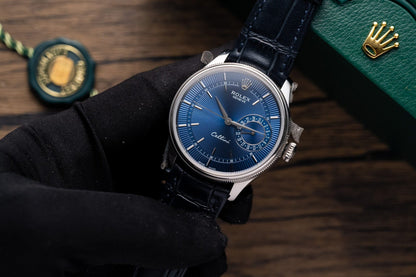 Rolex Replica Watch Cellini Date 50519 Blue Dial Leather Strap 39mm