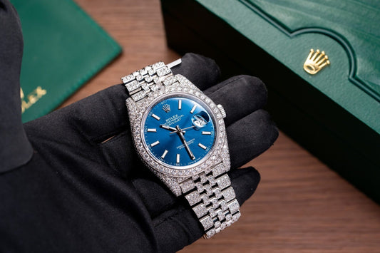 Rolex DateJust 126334 Replica Watch Blue Dial Full Diamond Moissanite 41mm Clone