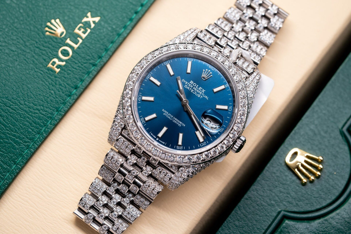 Rolex DateJust 126334 Replica Watch Blue Dial Full Diamond Moissanite 41mm Clone
