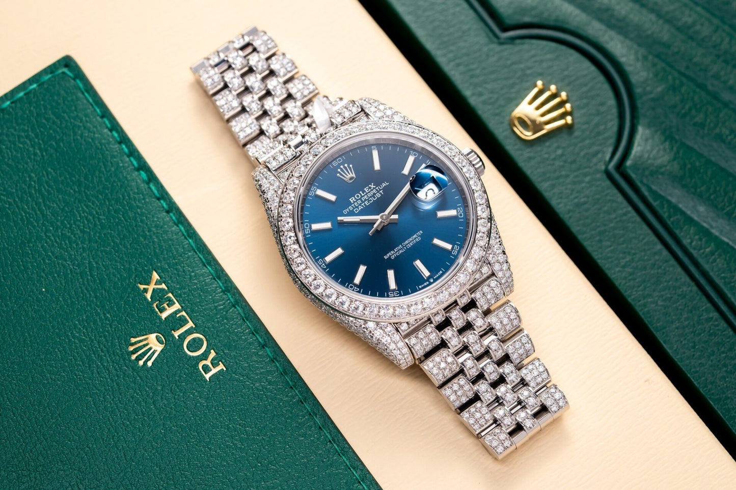 Rolex DateJust 126334 Replica Watch Blue Dial Full Diamond Moissanite 41mm Clone